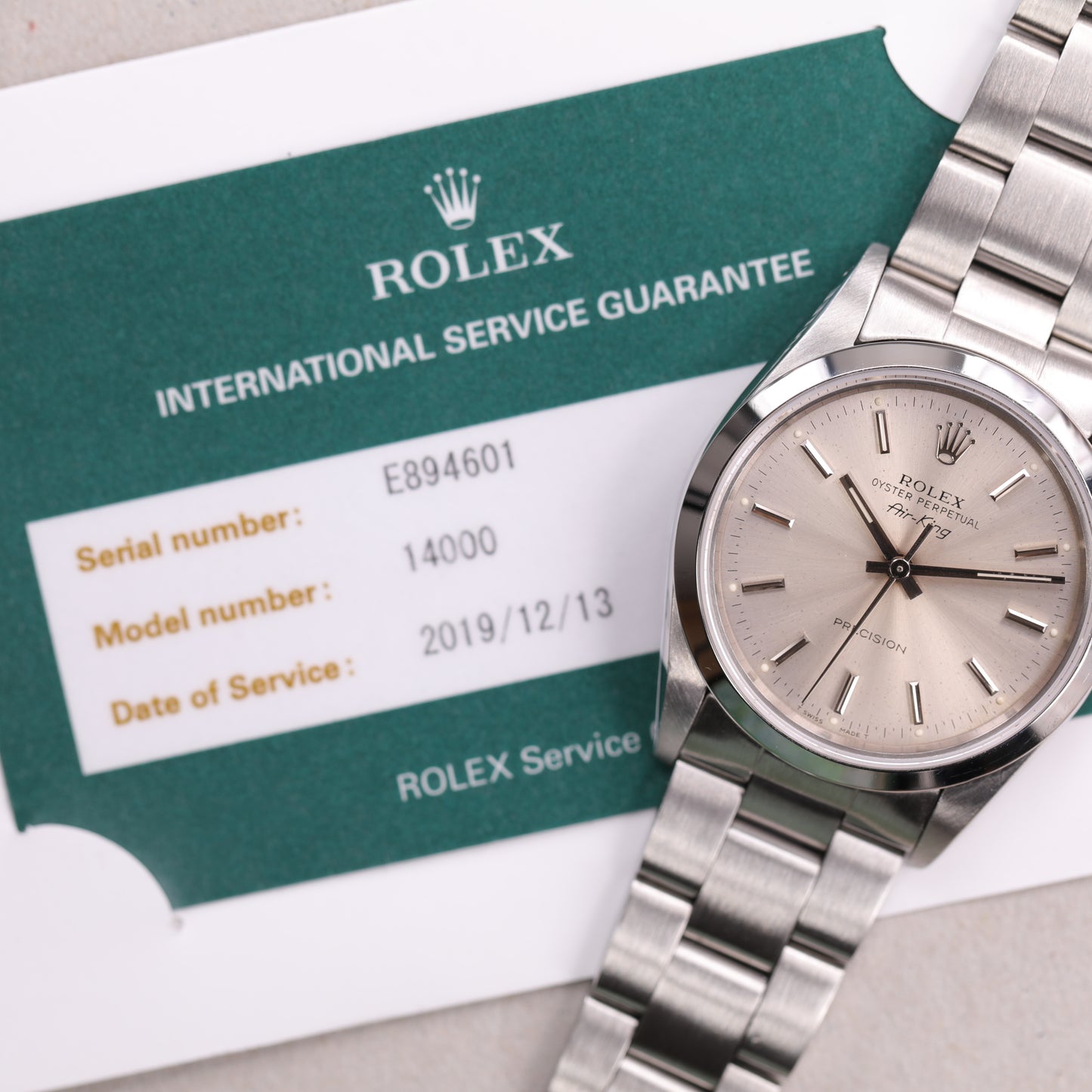 Rolex 14000 | 34 mm | 1991 | Cadran argent | Carte de service Rolex | Acier