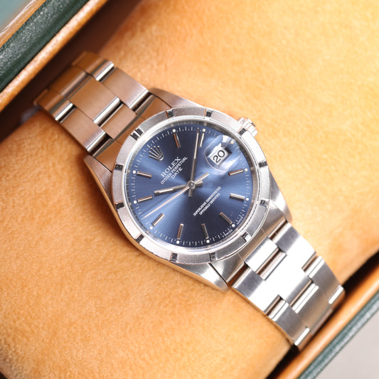 Rolex 15210 | 34 mm | 1995 | Cadran bleu | Écrin Rolex | Acier