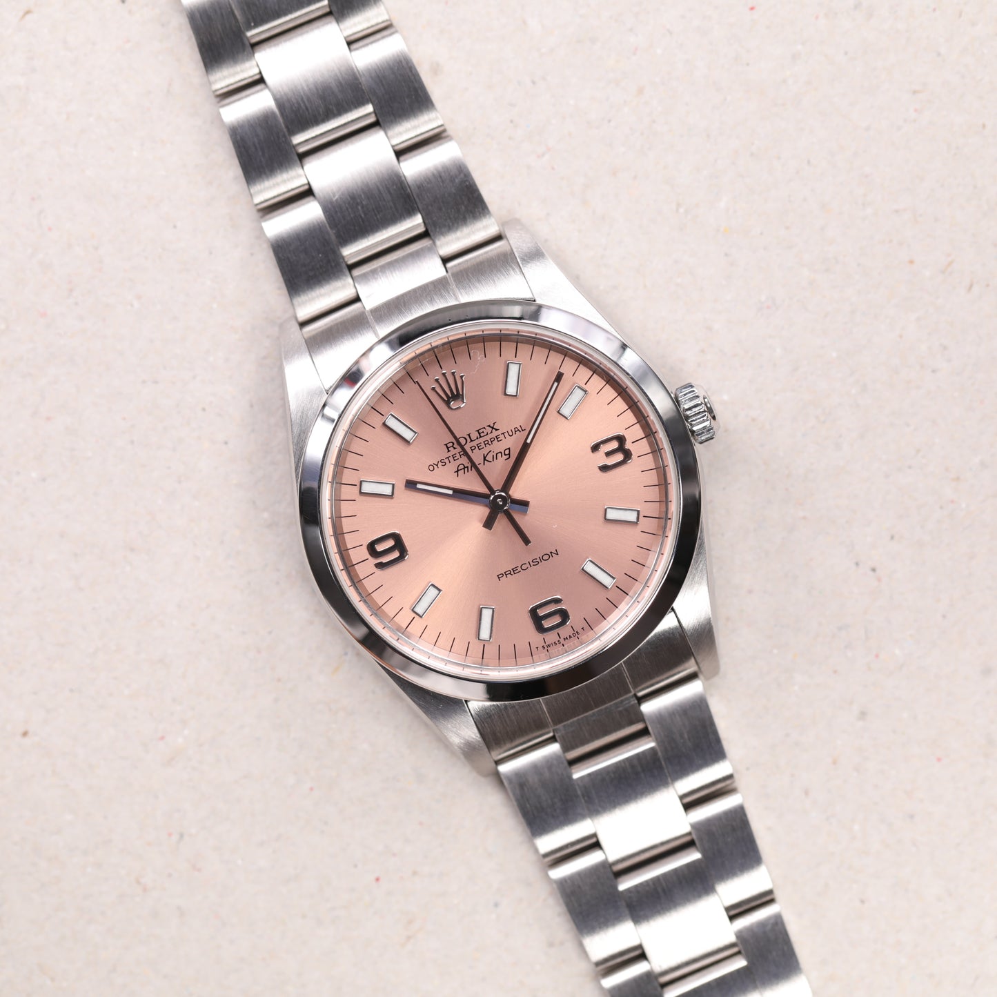 Rolex 14000 | 34 mm | 1999 | Cadran rose | Écrin Rolex | Acier